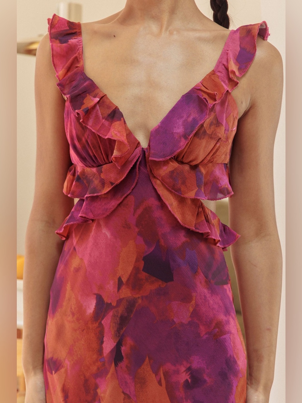 Second Chances Ruffle Trim Maxi Dress Flowers Dark Rose Size:Medium - Picture 2 of 8